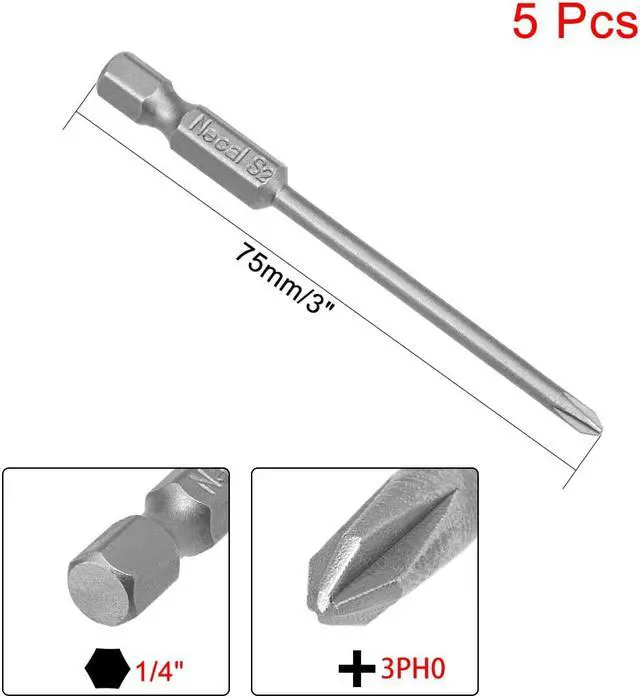 Alt view image 2 of 4 - 5Pcs 1/4-Inch Hex Shank 75mm Length Phillips 3PH0 Magnetic Screw Driver S2 Screwdriver Bits