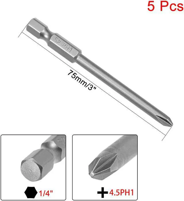 Alt view image 2 of 4 - 5Pcs 1/4-Inch Hex Shank 75mm Length Phillips 4.5PH1 Magnetic Screw Driver S2 Screwdriver Bits