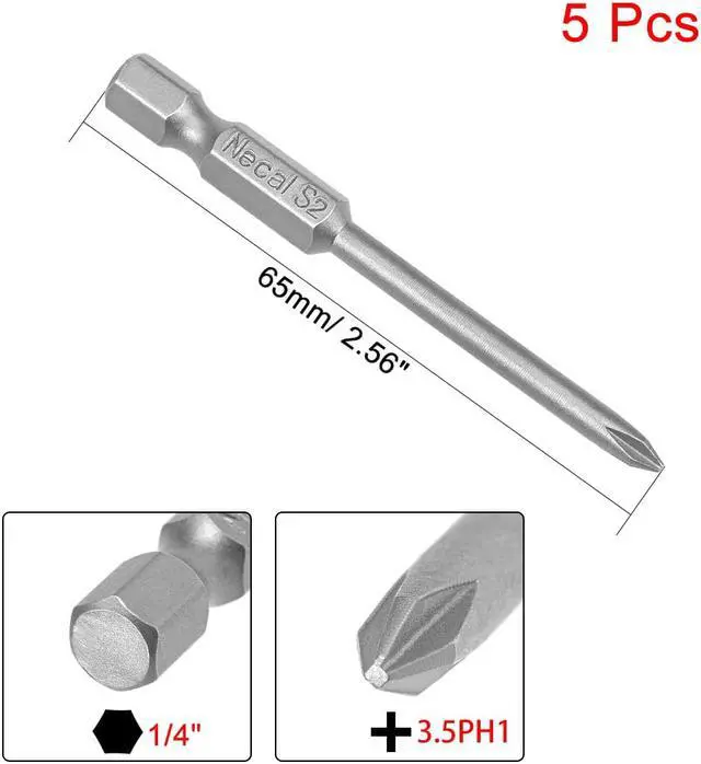 Alt view image 2 of 4 - 5Pcs 1/4-Inch Hex Shank 65mm Length Phillips 3.5PH1 Magnetic Screw Driver S2 Screwdriver Bits