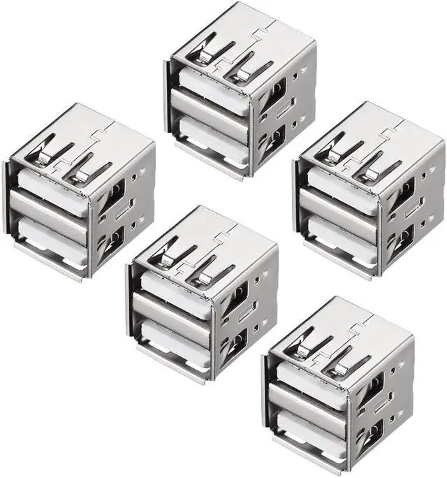 Main image of PCB USB Connector Type-A Dual Port Female Jack 8P Vertical 180 Degree 5Pcs