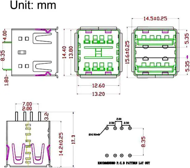 Alt view image 4 of 4 - PCB USB Connector Type-A Dual Port Female Jack 8P Vertical 180 Degree 5Pcs
