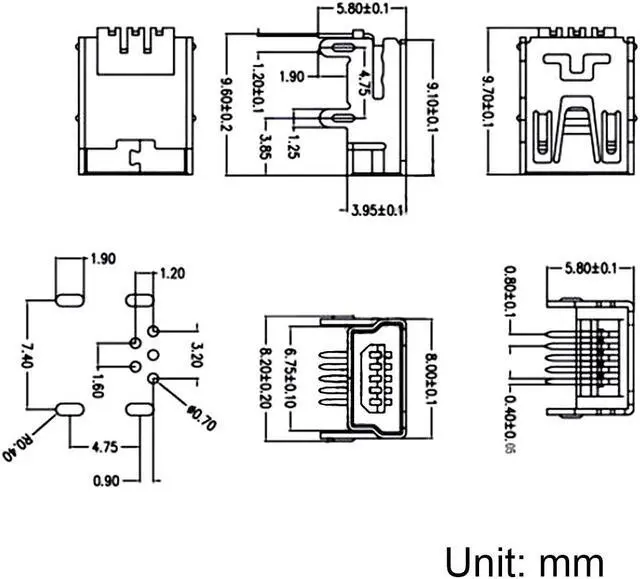 Alt view image 4 of 4 - Mini USB PCB Connector 5P Female Jack Four Foot 90 Degree Angle 5Pcs