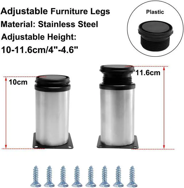 Alt view image 3 of 7 - 4 Inch Furniture Legs Stainless Steel Table Cabinet Wardrobe Worktop Shelves Feet Replacement Height Adjustable Set of 8