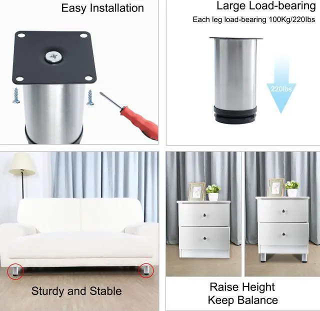 Alt view image 5 of 7 - 4 Inch Furniture Legs Stainless Steel Table Cabinet Wardrobe Worktop Shelves Feet Replacement Height Adjustable Set of 8
