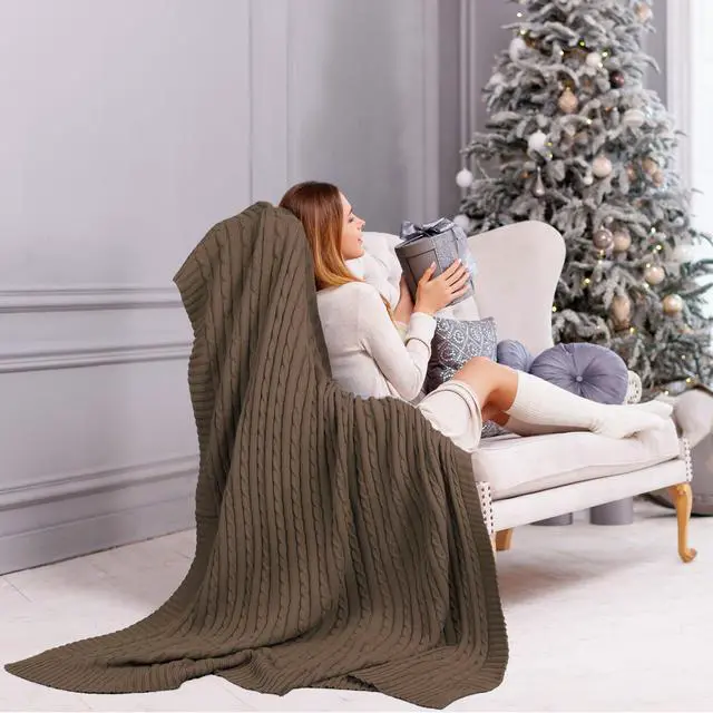 Alt view image 3 of 7 - Cotton Cable Knit Throw Blanket Super Soft Throw Couch Covers Decorative Knitted Blankets for Sofa Bed, Brown Throw(47" x 70")