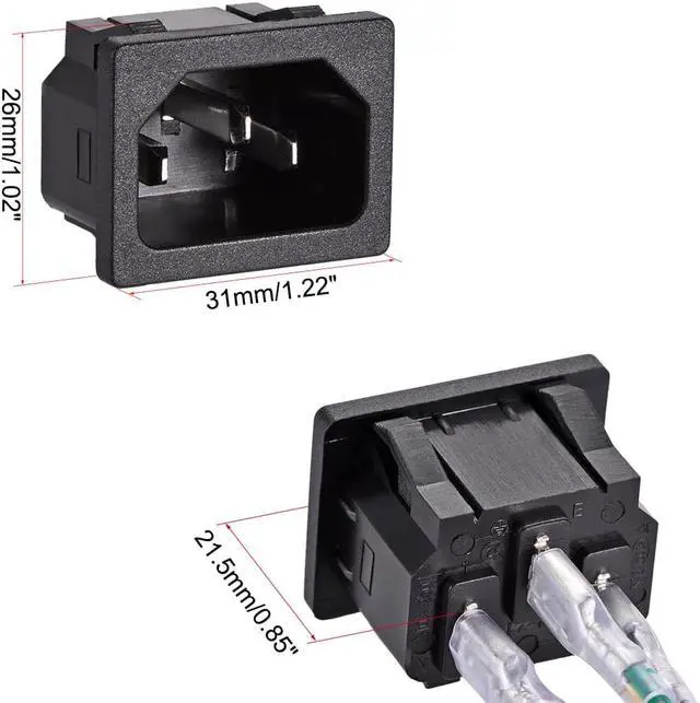 Alt view image 2 of 3 - C14 Panel Mount Plug Adapter AC 250V 10A 3 Pins IEC Inlet Module Plug Power Connector Socket with 3 Wires Pack of 5