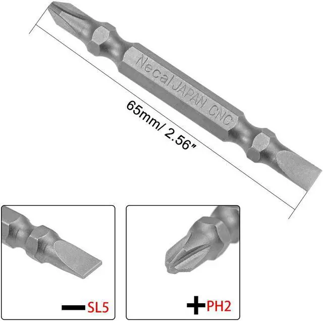 Alt view image 2 of 4 - 1/4" Hex Shank 65mm Length Magnetic Screwdriver SL5/PH2 Slotted-Phillips Double-Head Screwdriver Bits S2 Alloy Steel