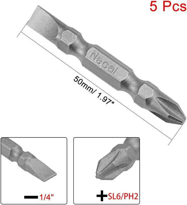 Alt view image 2 of 4 - 5pcs 1/4" Hex Shank 50mm Length Magnetic Screwdriver SL6/PH2 Slotted-Phillips Double-Head Screwdriver Bits S2 Alloy Steel