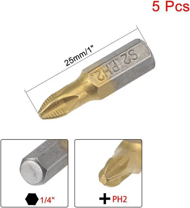 Alt view image 6 of 7 - 1/4-Inch Hex Shank Magnetic Phillips Cross Screwdriver Bit, 25mm Length PH2 Titanium Plating S2 Non-Slip Screwdriver Bits 5pcs