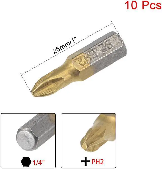 Alt view image 2 of 4 - 1/4-Inch Hex Shank Magnetic Phillips Cross Screwdriver Bit, 25mm Length PH2 Titanium Plating S2 Non-Slip Screwdriver Bits 10pcs