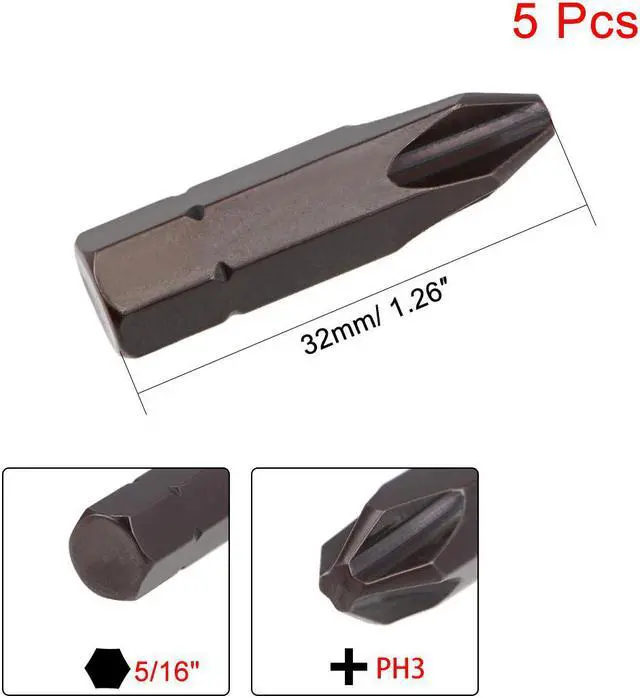 Alt view image 2 of 4 - 5pcs 5/16" Hex Shank 32mm Length Magnetic Phillips Cross Screwdriver, PH3 Head Screwdriver Bits S2 Alloy Steel