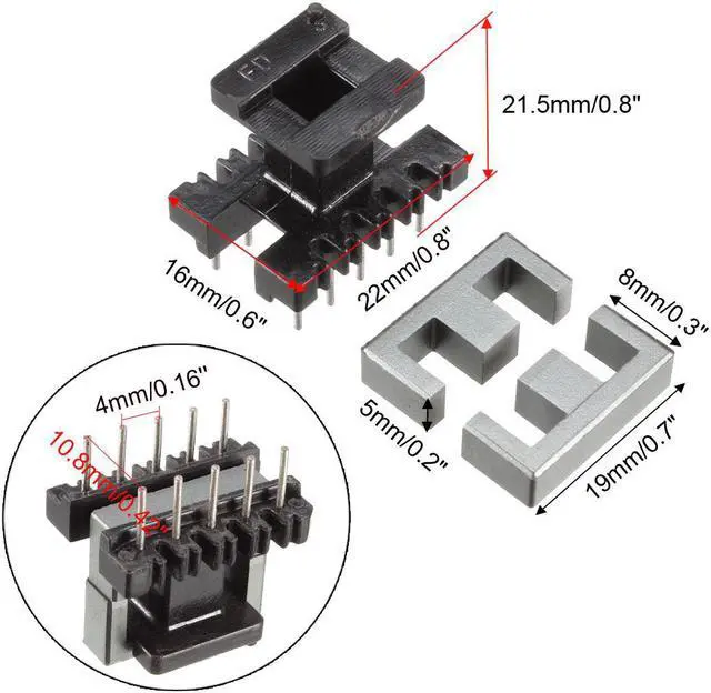 Alt view image 4 of 4 - 5 Sets EE19 5 with 5pin Transformer Bobbin PC40 Ferrite Core Vertical 10 Ferrite Halves and 5 Bobbin