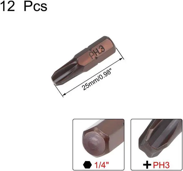 Alt view image 2 of 4 - 12 Pcs Phillips Bits 1/4inch Hex Shank 25mm Length Cross PH3 Magnetic Screw Driver S2 Screwdriver Bit