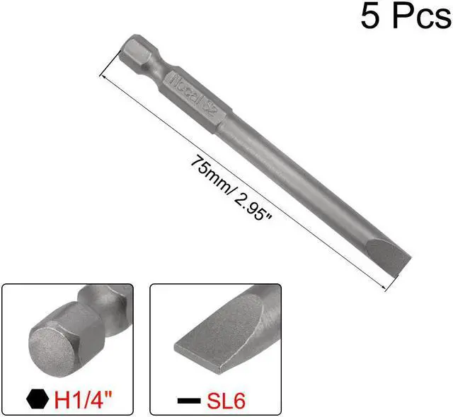 Alt view image 2 of 4 - 5pcs Slotted Bits 1/4 Inch Hex Shank 75mm Length Magnetic Screwdriver SL6 Screw Driver Bit S2 Alloy Steel