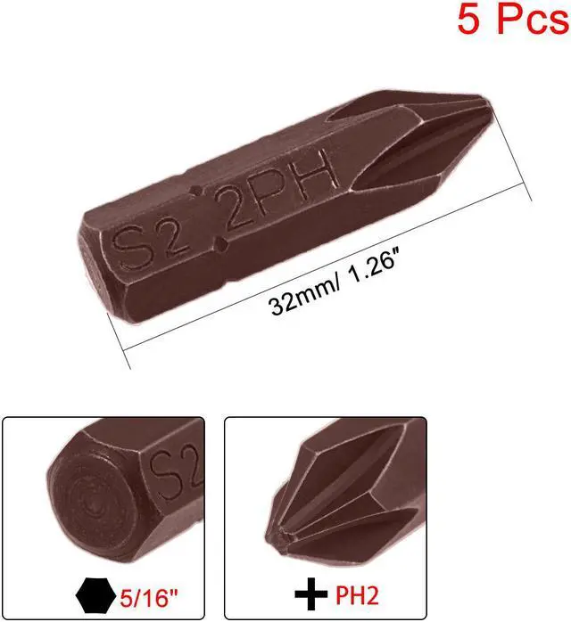 Alt view image 2 of 4 - 5pcs 5/16" Hex Shank 32mm Length Magnetic Phillips Cross Screwdriver, PH2 Head Screwdriver Bits S2 Alloy Steel