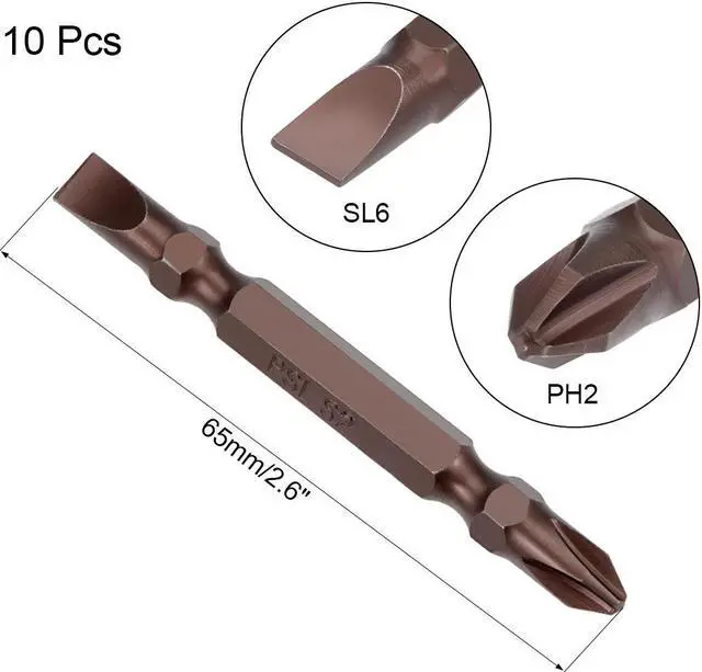 Alt view image 2 of 4 - 10pcs 1/4" Hex Shank 65mm Length Magnetic Screwdriver PH2/SL6 Slotted-Phillips Double-Head Screwdriver Bits S2 Alloy Steel