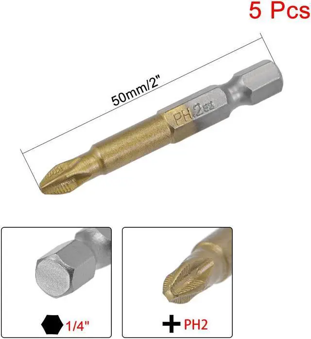 Alt view image 2 of 4 - 1/4-Inch Hex Shank Magnetic Phillips Cross Screwdriver Bit, 50mm Length PH2 Titanium Plating S2 Non-Slip Screwdriver Bits 5pcs