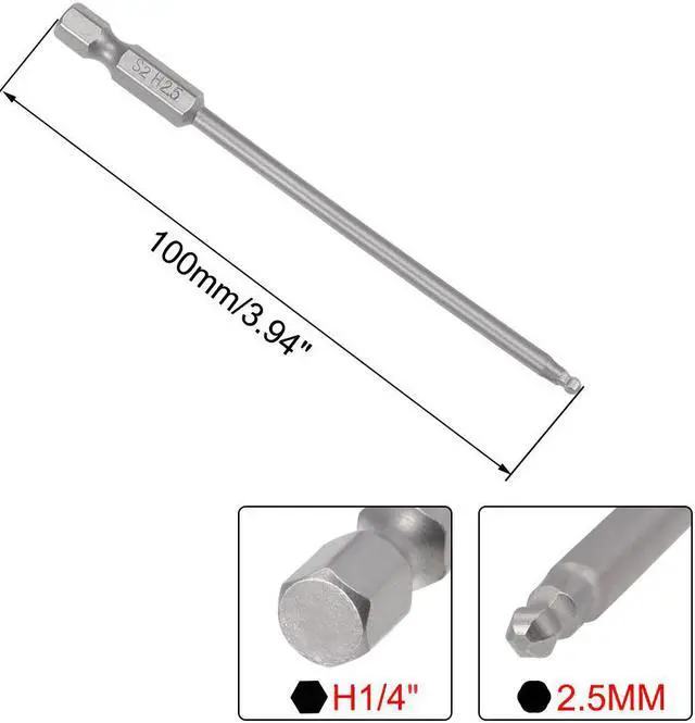 Alt view image 2 of 4 - Ball End Hex Bits 1/4 Inch Hex Shank 100mm Length Magnetic 2.5MM Head Screwdriver S2 Screw Driver Bit