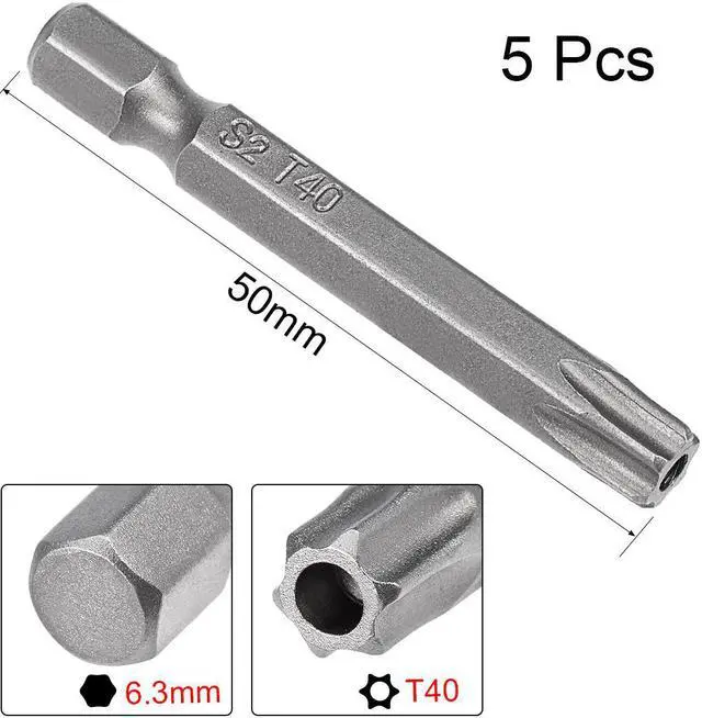 Alt view image 2 of 5 - 5 Pcs 1/4" Hex Shank T40 Magnetic Security Torx Screwdriver Bits 50mm Length