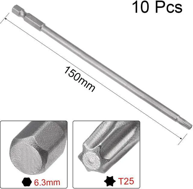 Alt view image 2 of 5 - 10 Pcs 1/4" Hex Shank T25 Magnetic Security Torx Screwdriver Bits 150mm Length
