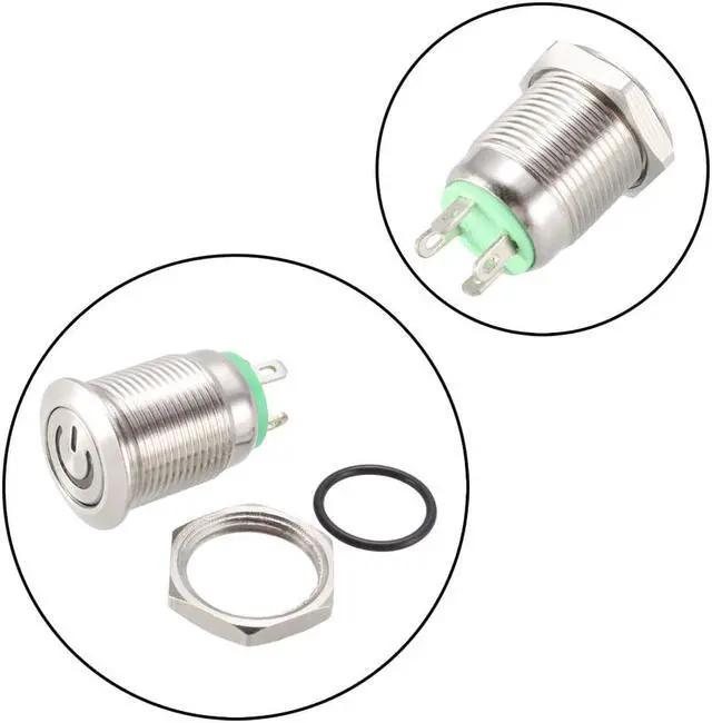 Alt view image 2 of 3 - Momentary Metal Push Button Switch Flat Head 12mm Mounting Dia 1NO 3-6V Green LED Light