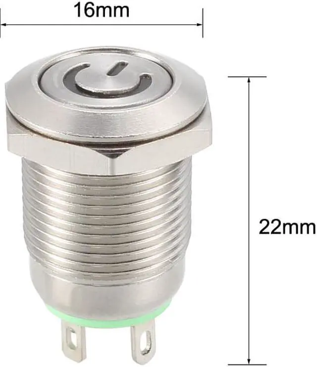 Alt view image 3 of 3 - Momentary Metal Push Button Switch Flat Head 12mm Mounting Dia 1NO 3-6V Green LED Light