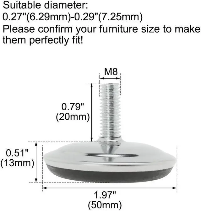 Alt view image 2 of 7 - M8 x 20 x 50mm Leveling Feet Adjustable Leveler Pad for Furniture Desk Leg 8pcs