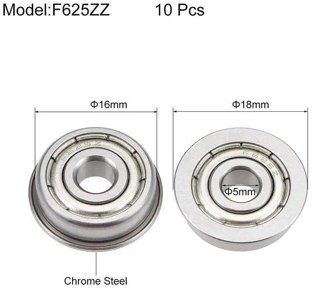 Alt view image 3 of 3 - F625ZZ Flange Ball Bearing 5x16x5mm Shielded Chrome Bearings 10pcs