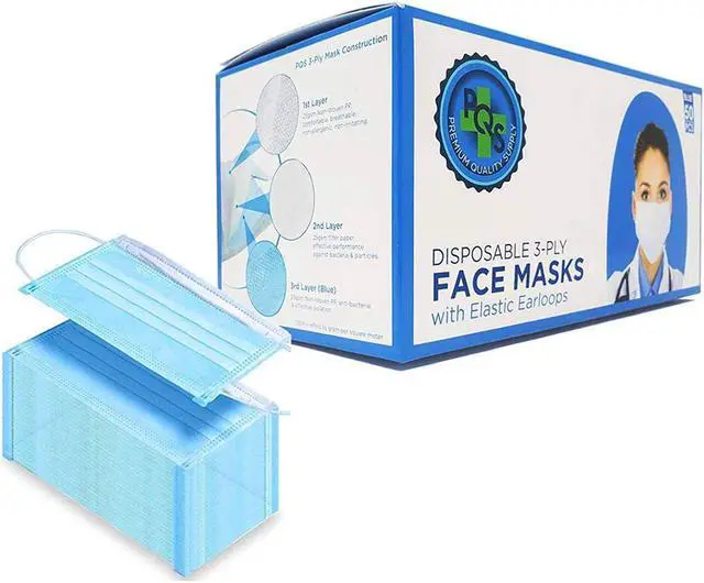 Main image of PQS Disposable Face Masks | 3-Ply Safety Mask - Non Woven, Hypoallergenic, Breathable, Blue - 50 PCS