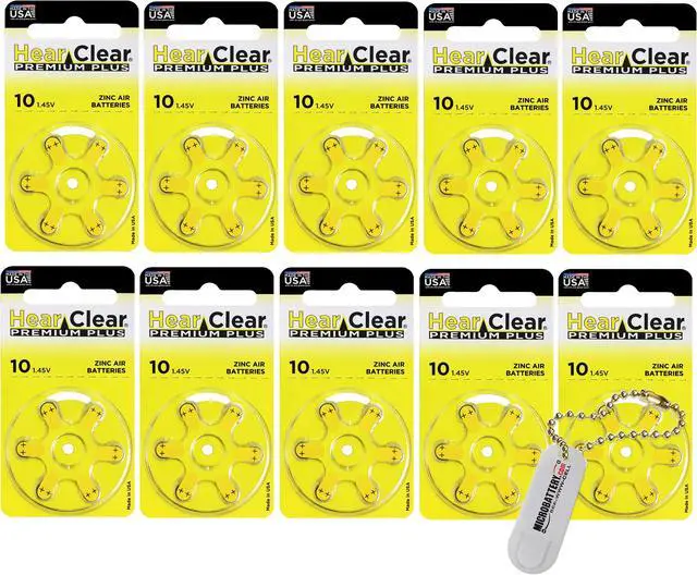 Main image of Hearclear Size 10 PR230 Hearing Aid Batteries Yellow Tab + Keychain (60 Batteries)