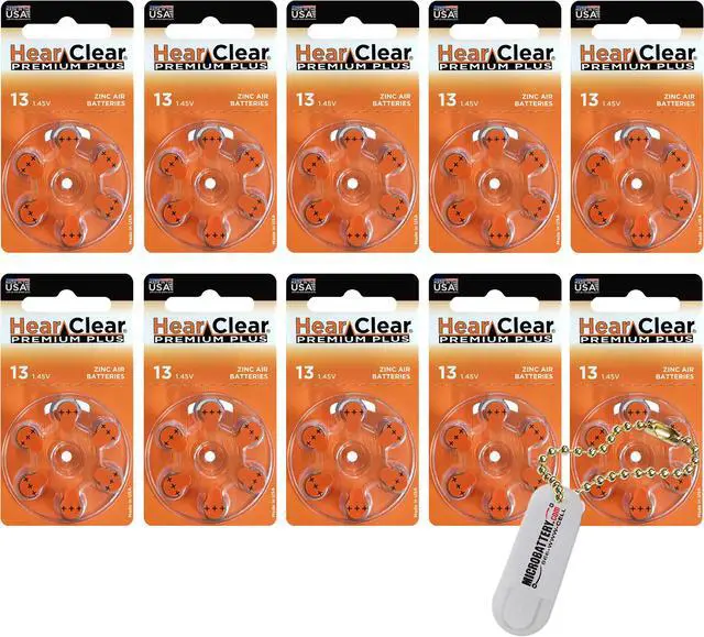 Main image of Hearclear Size 13 Hearing Aid Batteries Orange Tab + Keychain (60 Batteries)
