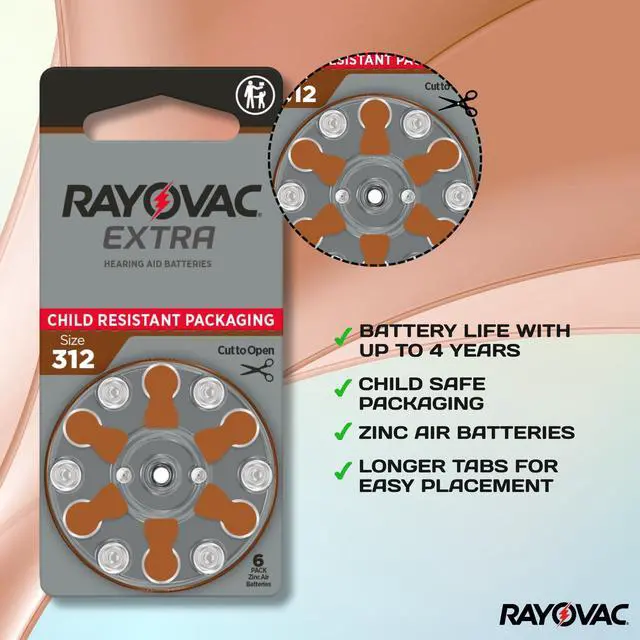 Alt view image 2 of 7 - Rayovac Size 312 No Mercury Zinc Air Hearing Aid Batteries - 6 batteries