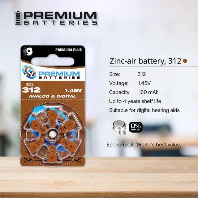 Alt view image 2 of 5 - Premium Batteries Size 312 Premium Plus Zinc Air Hearing Aid Batteries 1.45V (60 pcs)