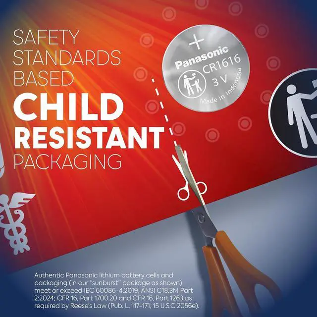 Alt view image 2 of 7 - Panasonic CR1616 3.0 Volt Long Lasting Lithium Coin Cell Batteries in Child Resistant, Standards Based Packaging, 4-Battery Pack