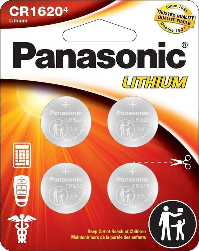 Main image of Panasonic CR1620 3.0 Volt Long Lasting Lithium Coin Cell Batteries in Child Resistant, Standards Based Packaging, 4-Battery Pack