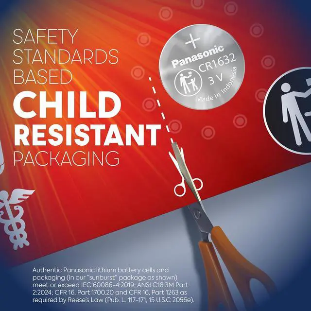 Alt view image 3 of 7 - Panasonic CR1632 3.0 Volt Long Lasting Lithium Coin Cell Batteries in Child Resistant, Standards Based Packaging, 4-Battery Pack