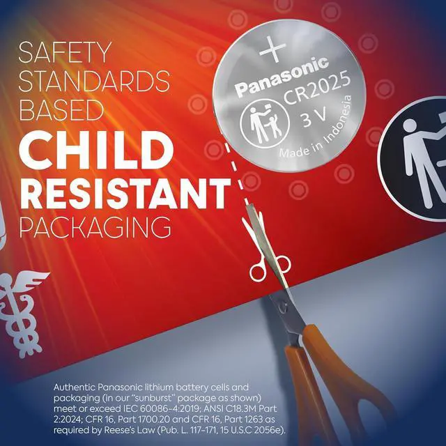 Alt view image 3 of 7 - Panasonic CR2025 3.0 Volt Long Lasting Lithium Coin Cell Batteries in Child Resistant, Standards Based Packaging, 2-Battery Pack