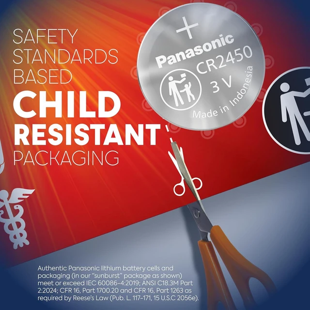 Alt view image 3 of 7 - Panasonic CR2450 3.0 Volt Long Lasting Lithium Coin Cell Batteries in Child Resistant, Standards Based Packaging, 1-Battery Pack