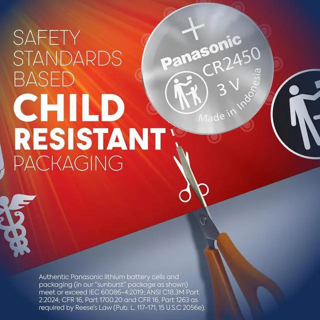 Alt view image 3 of 7 - Panasonic CR2450 3.0 Volt Long Lasting Lithium Coin Cell Batteries in Child Resistant, Standards Based Packaging, 2-Battery Pack