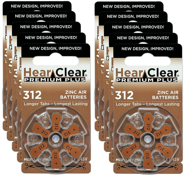 Main image of Hear Clear Size 312 Zinc Air 1.45V Hearing Aid Batteries Brown Tab (60 Pack)