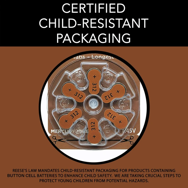 Alt view image 5 of 6 - Hear Clear Size 312 Zinc Air 1.45V Hearing Aid Batteries Brown Tab (60 Pack)