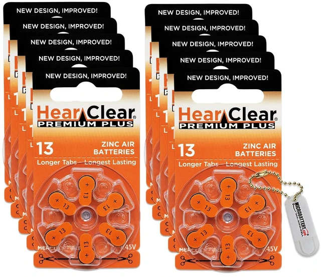 Main image of Hearclear Size 13 Hearing Aid Batteries Orange Tab + Keychain (60 Batteries)