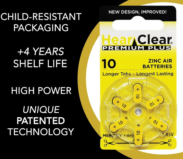 Alt view image 3 of 6 - Hearclear Size 10 PR230 Hearing Aid Batteries Yellow Tab + Keychain (60 Batteries)