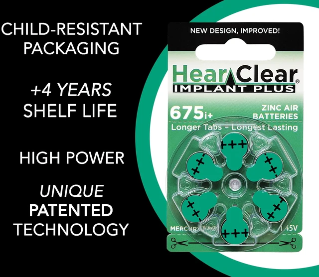 Alt view image 3 of 6 - HearClear Size 675P Cochlear Implant Hearing Aid Batteries Green Tab (60 Batteries)