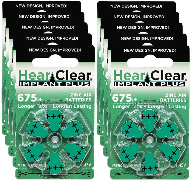Main image of HearClear Size 675P Cochlear Implant Hearing Aid Batteries Green Tab (60 Batteries)