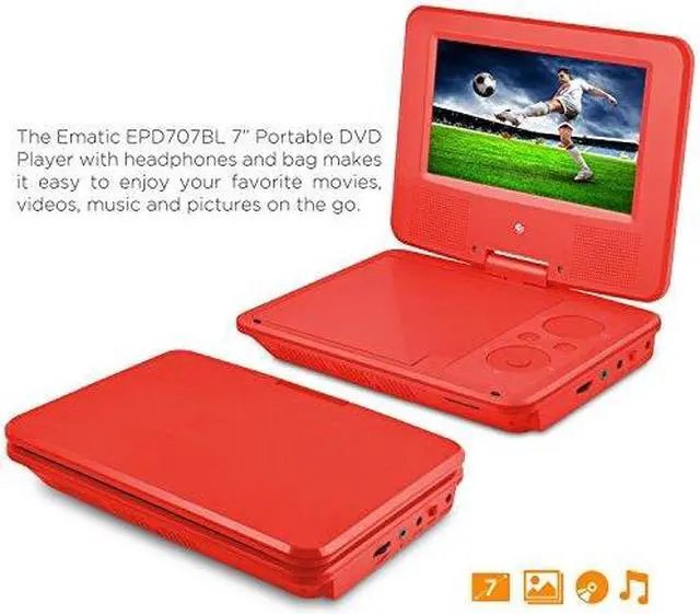 Alt view image 8 of 19 - Ematic EPD707RD 7-Inch Portable DVD Player with Matching Headphones and Bag (Red)