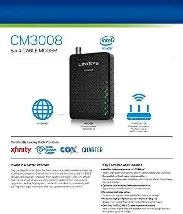 Alt view image 3 of 13 - Linksys CM3008 DOCSIS 3.0 Cable Modem (8x4 Bonded Channels)