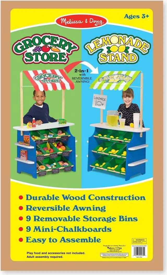 Alt view image 9 of 11 - Melissa & Doug Wooden Grocery Store and Lemonade Stand - Reversible Awning, 9 Bins, Chalkboards