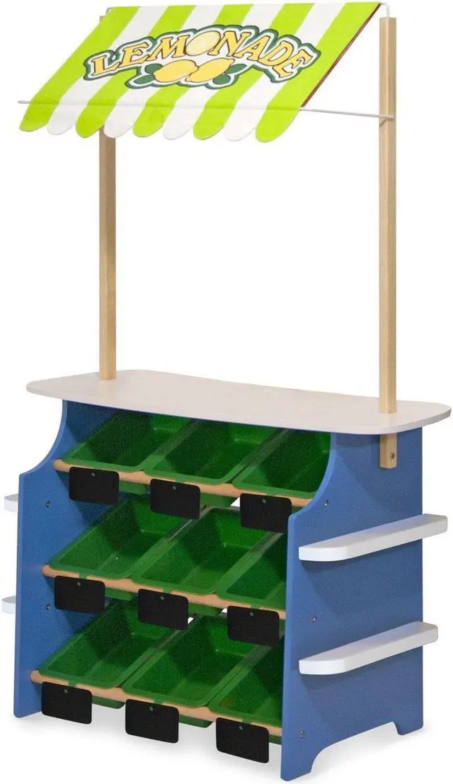 Alt view image 7 of 11 - Melissa & Doug Wooden Grocery Store and Lemonade Stand - Reversible Awning, 9 Bins, Chalkboards