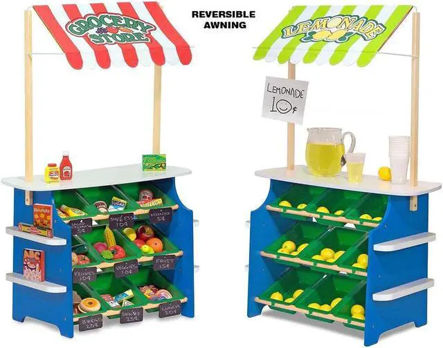 Alt view image 8 of 11 - Melissa & Doug Wooden Grocery Store and Lemonade Stand - Reversible Awning, 9 Bins, Chalkboards